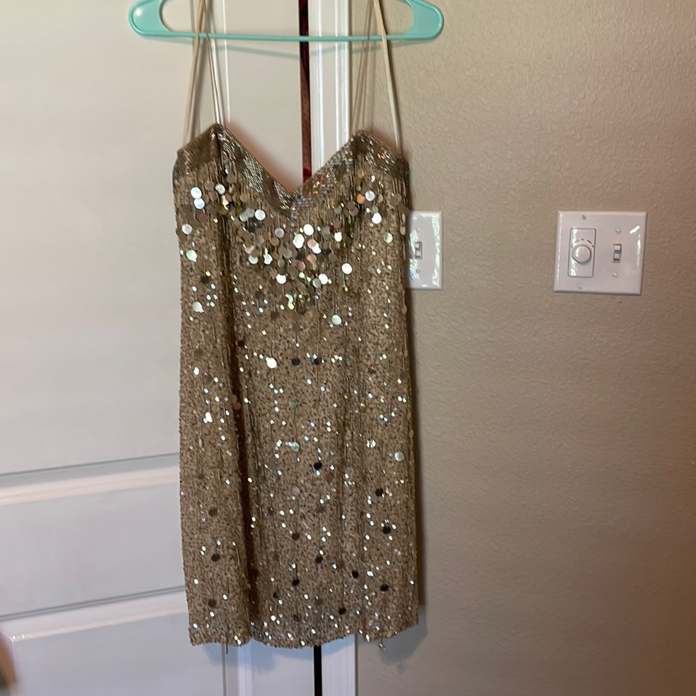 Adrianna Papell gold beaded cocktail dress